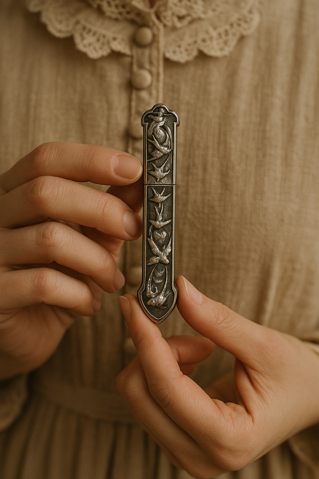 Porta aghi in argento punzonato con rondini, Art Nouveau, fine ‘800 con bodkin in argento e piccolo poinçon