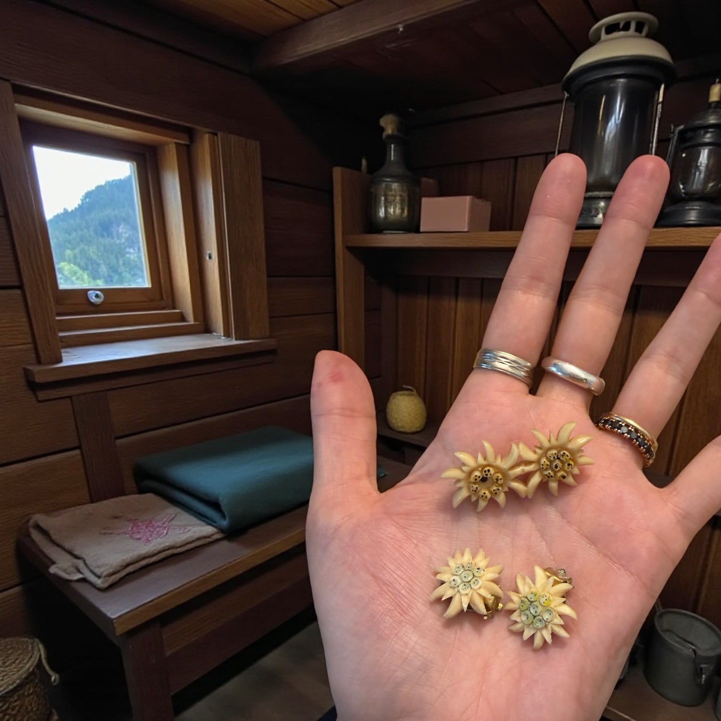 Parure spilla e orecchini clip in galalith stella alpina, 50s