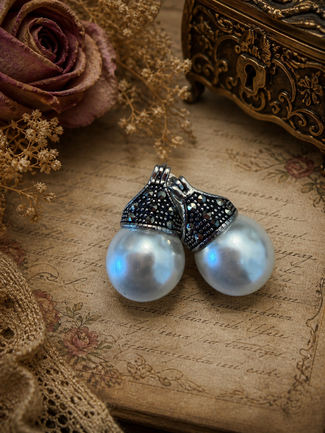 Orecchini argento 925 marcasiti e perla, contemporanei, nuovi