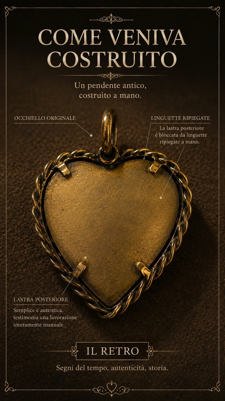 Pendente ciondolo antico fine ‘800 primo ‘900 cuore con paillettes e castone brillante