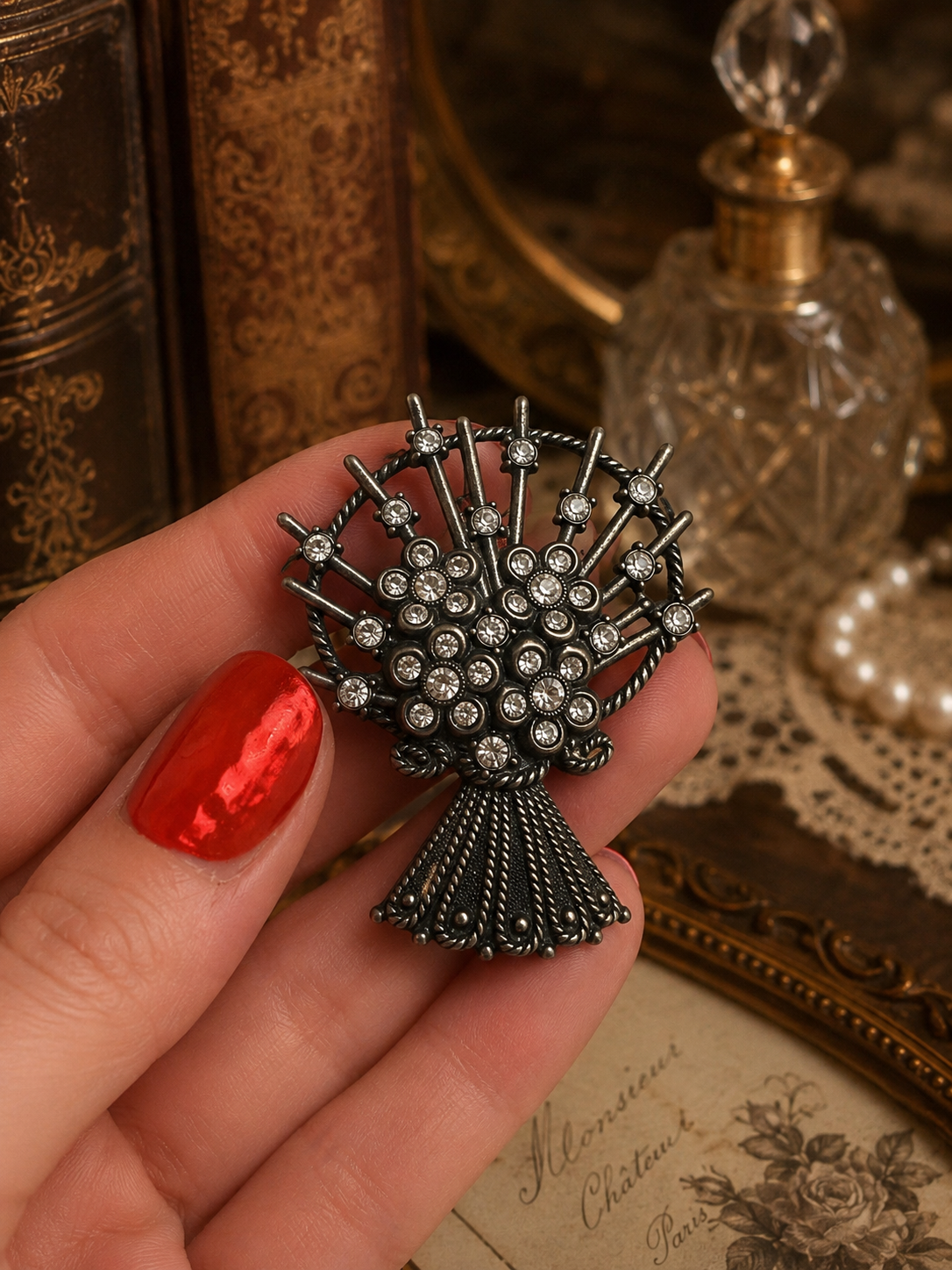 Spilla mid century con bouquet di strass, placcata argento, anni ‘50