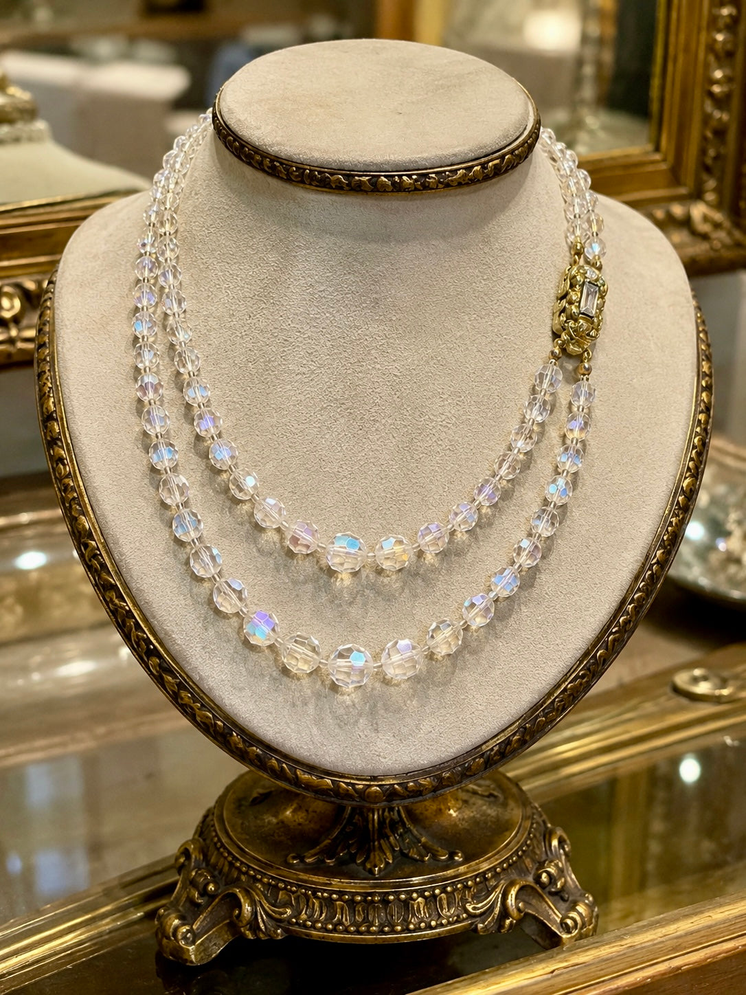 Collana anni ‘50 perle di vetro sfaccettato aurora borealis degradé a doppio filo