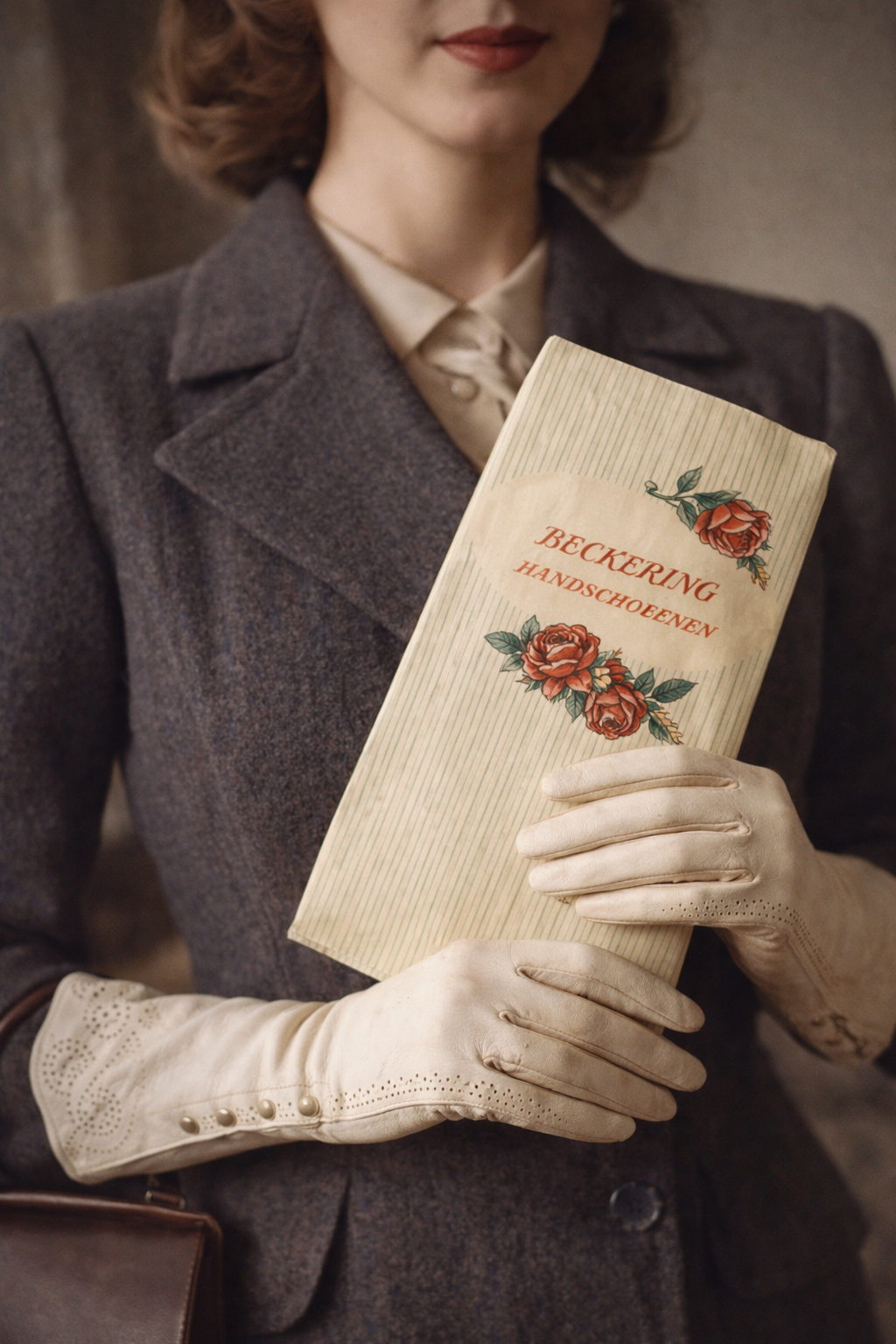 Antichi guanti al gomito in pelle traforata con bottoniera perle, anni ‘40 completi di originale busta Beckering