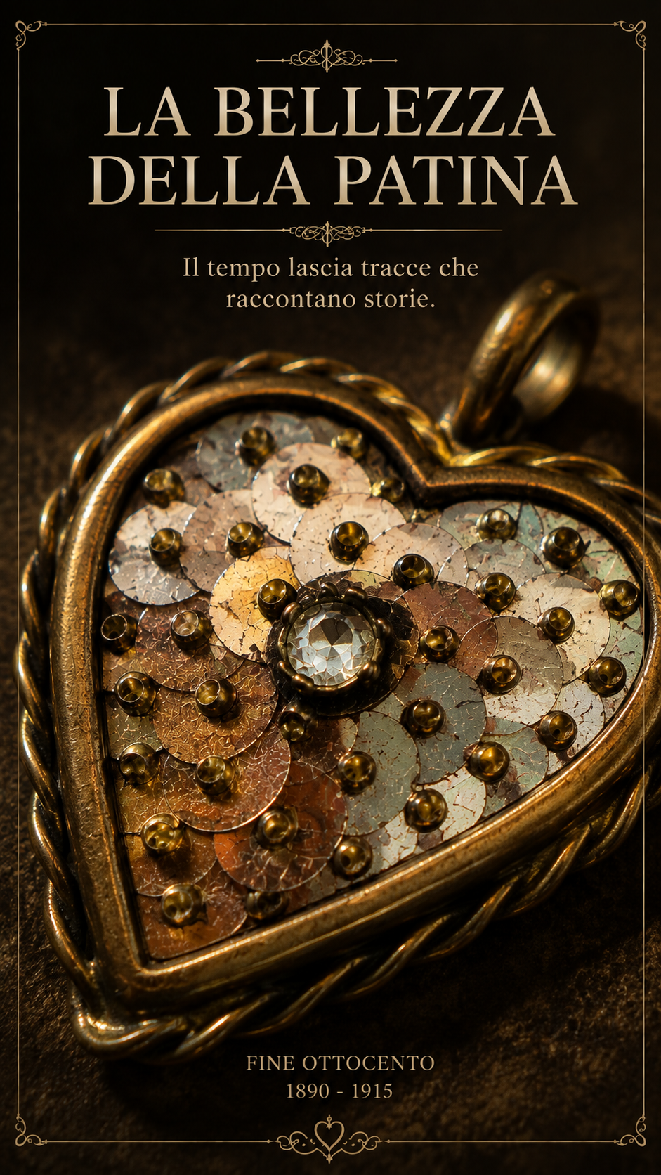 Pendente ciondolo antico fine ‘800 primo ‘900 cuore con paillettes e castone brillante