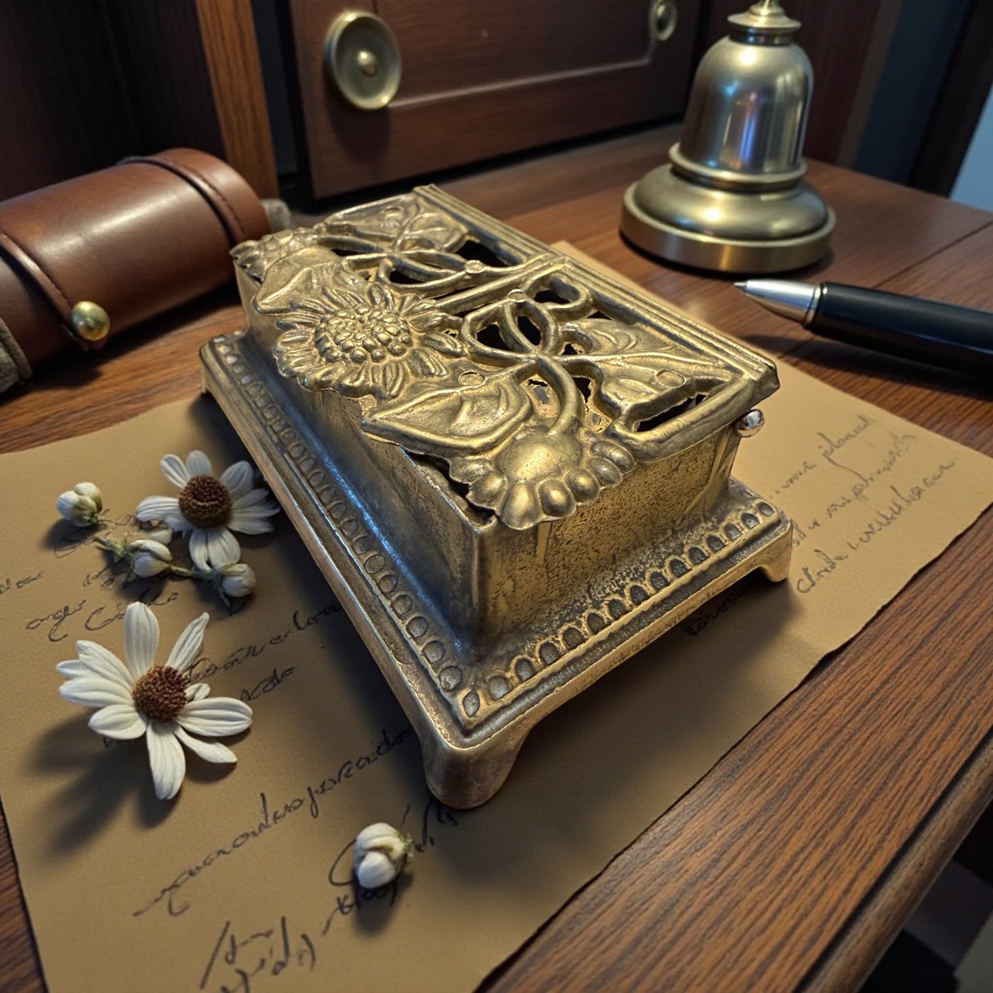 Cofanetto in ottone Liberty a scomparti da scrivania, per francobolli