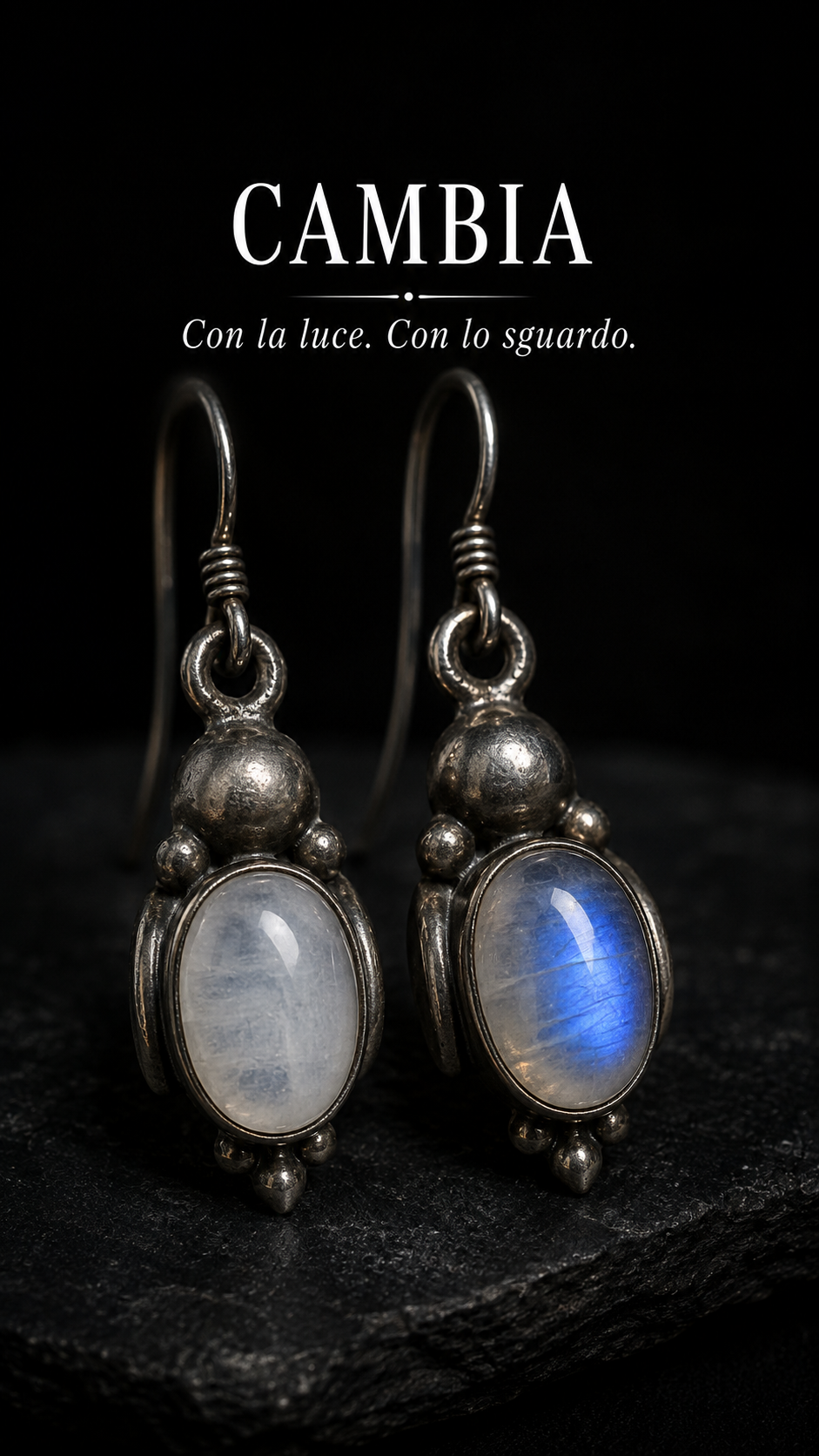 Orecchini gioiello in argento 925 a monachella con piccole adularie, pietre di luna