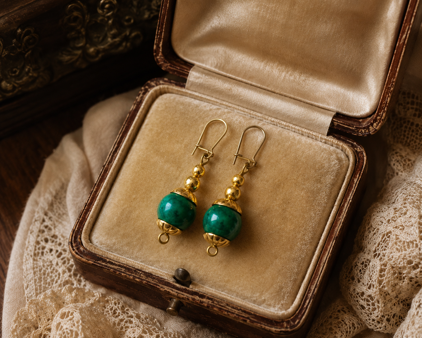 Orecchini in malachite e ottone bagno oro con monachina, anni 40-50