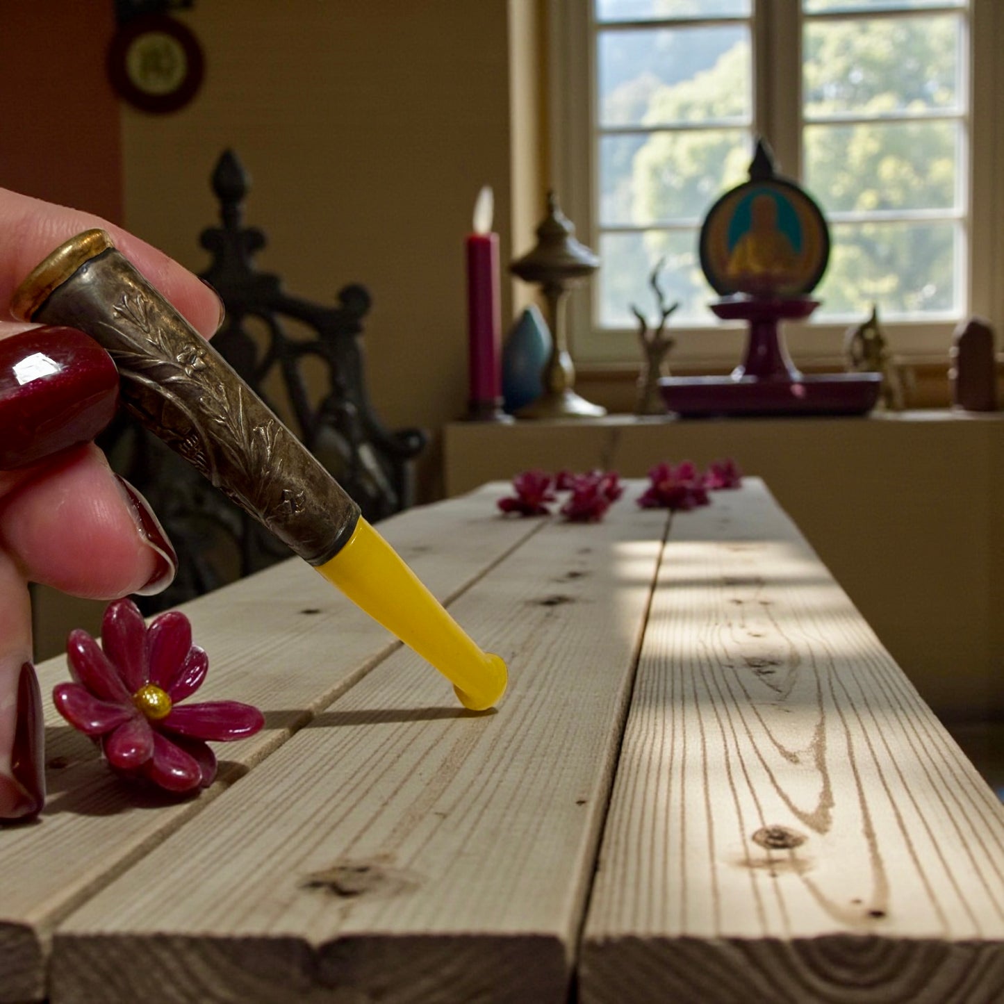 Bocchino antico gioiello con argento a sbalzo e scena apparizione Lourdes