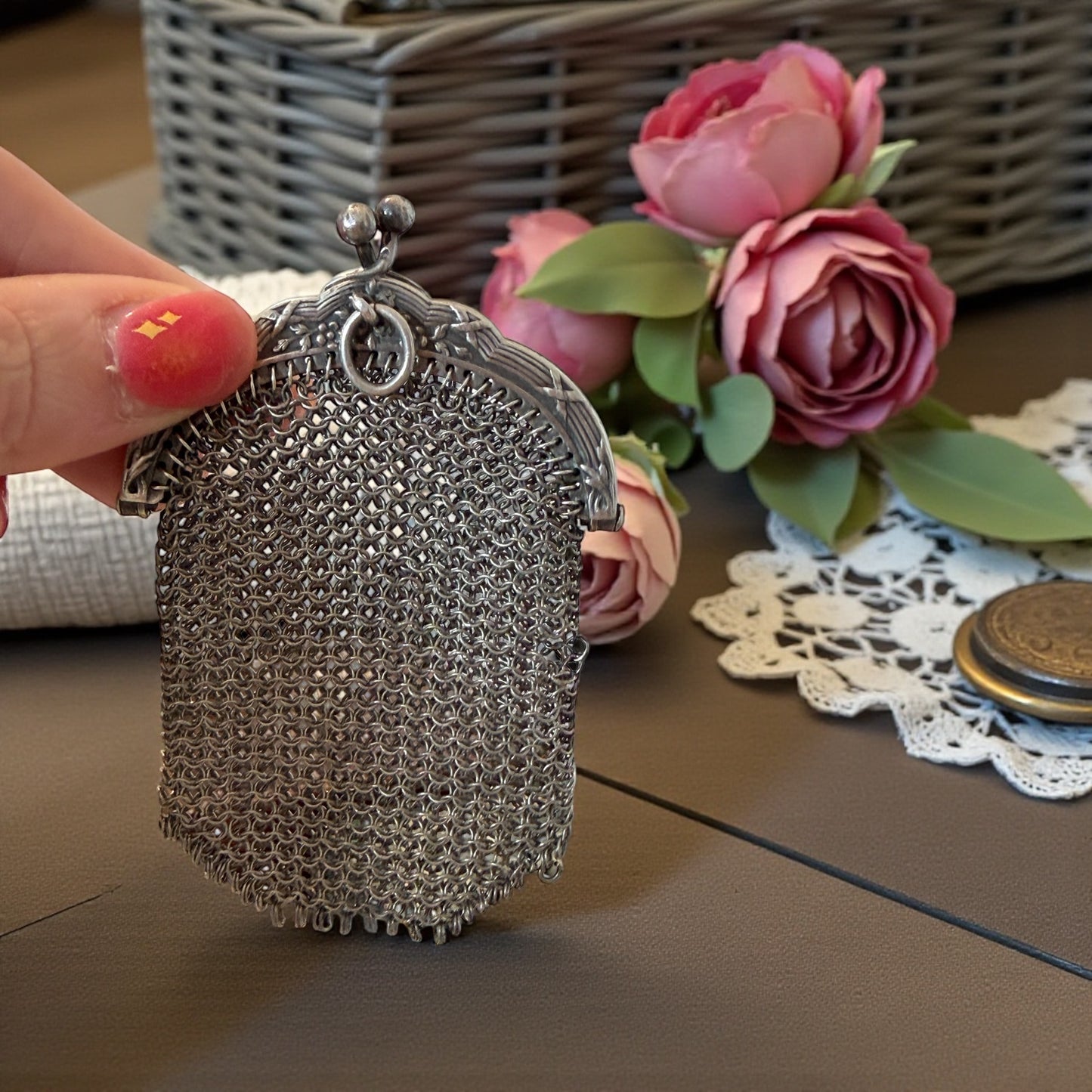 Antico portamonete borsellino da Chatelaine in argento massiccio, fine ‘800