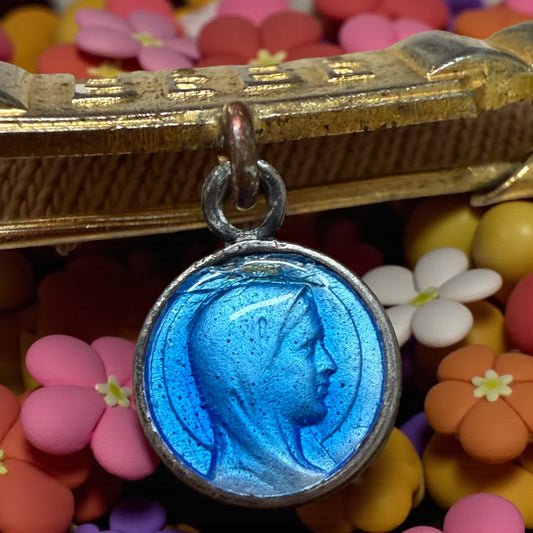 Spilla protettiva da neonato, ar Art déco francese anni ‘20-‘30 con medaglietta della Vergine 