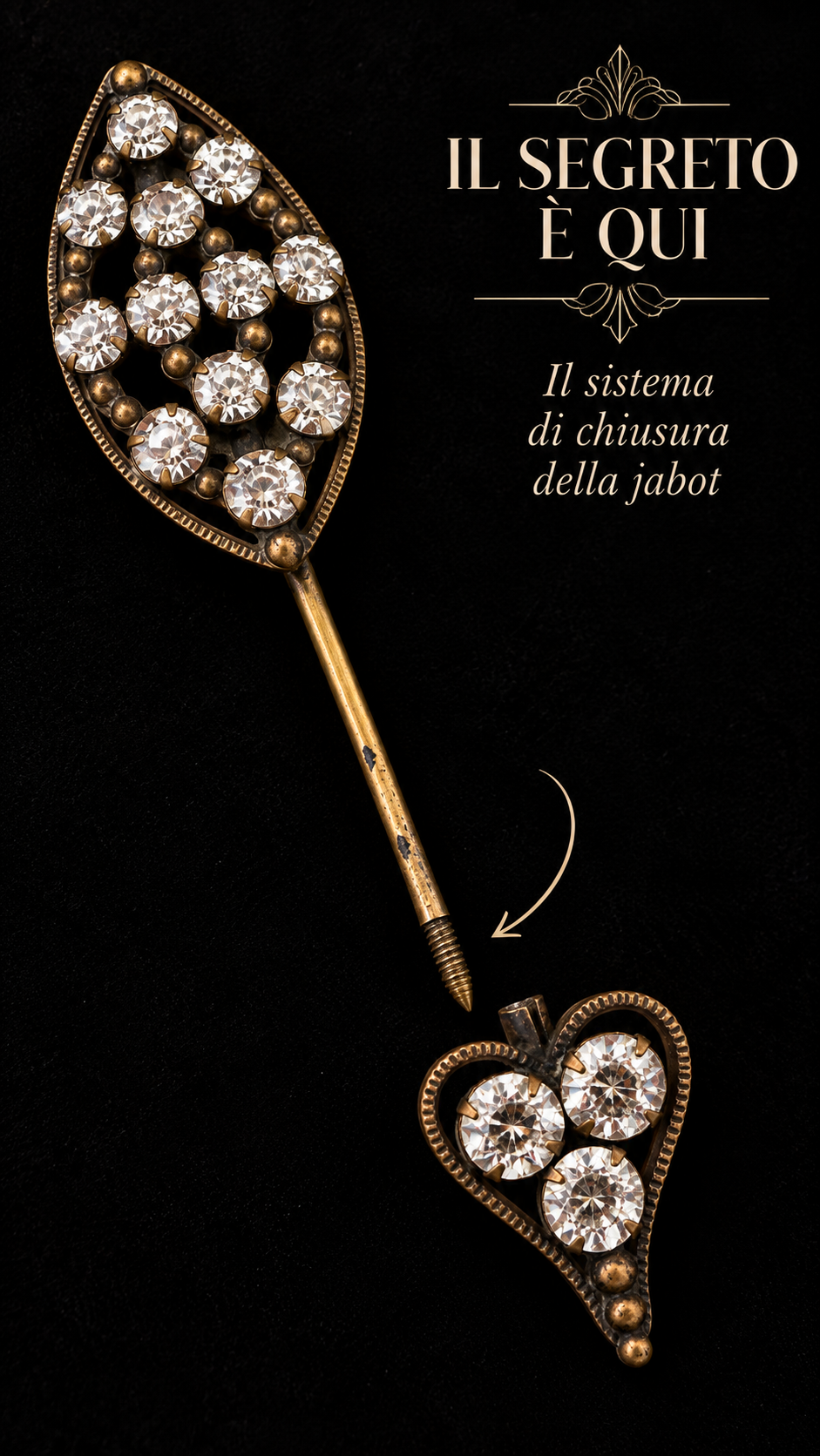 Antica spilla jabot art déco anni ‘20 - ‘30 con navetta ed elemento mobile a cuore