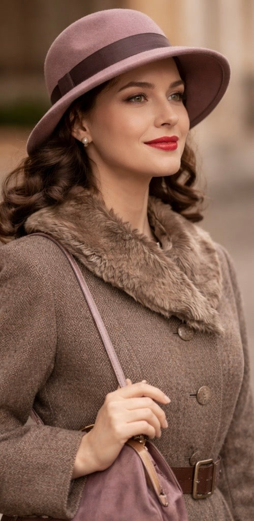 Set cappello e borsetta color malva anni ‘40