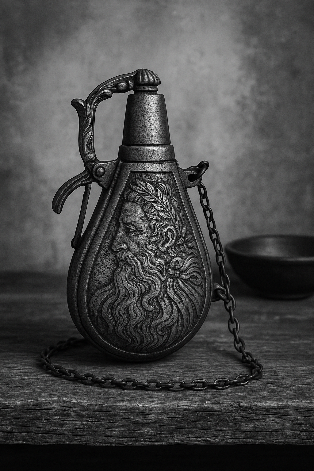 Fiaschetta da polvere da sparo con catenella, zama, anni ‘50