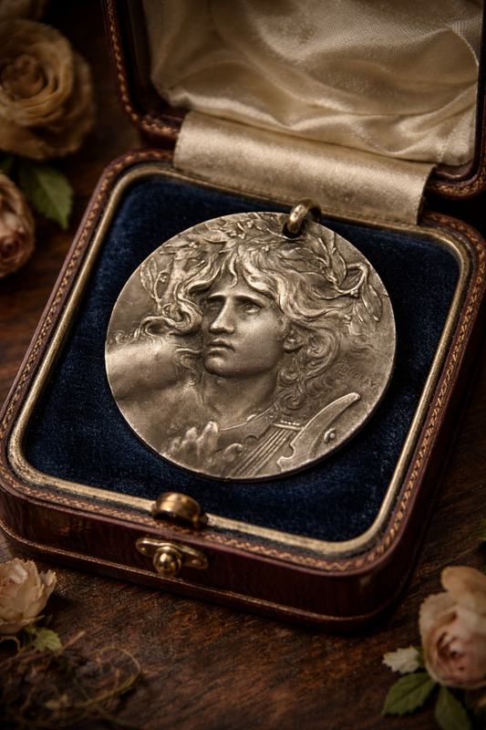 Medaglia gioiello in bronzo placcato argento, Orfeo con la lira, a firma Coudray