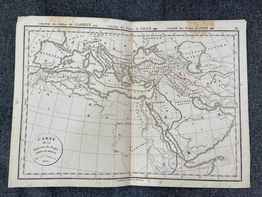 Rara mappa antica del 1829, cartina rappr. Dispersione figli di Noè dopo il Diluvio