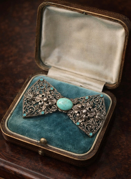 Spilla art déco a papillon anni ‘30 in argento 800 con turchese
