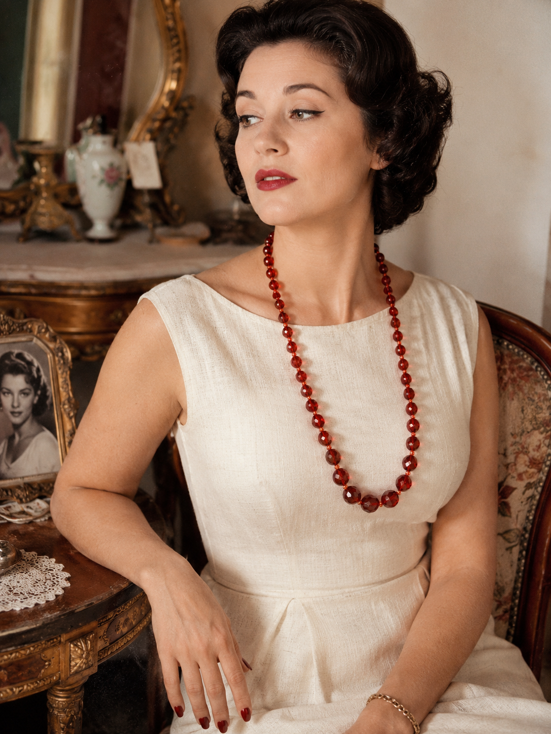 Collana in perle di vetro sfaccettato degradé rosso rubino, anni ‘60 ca
