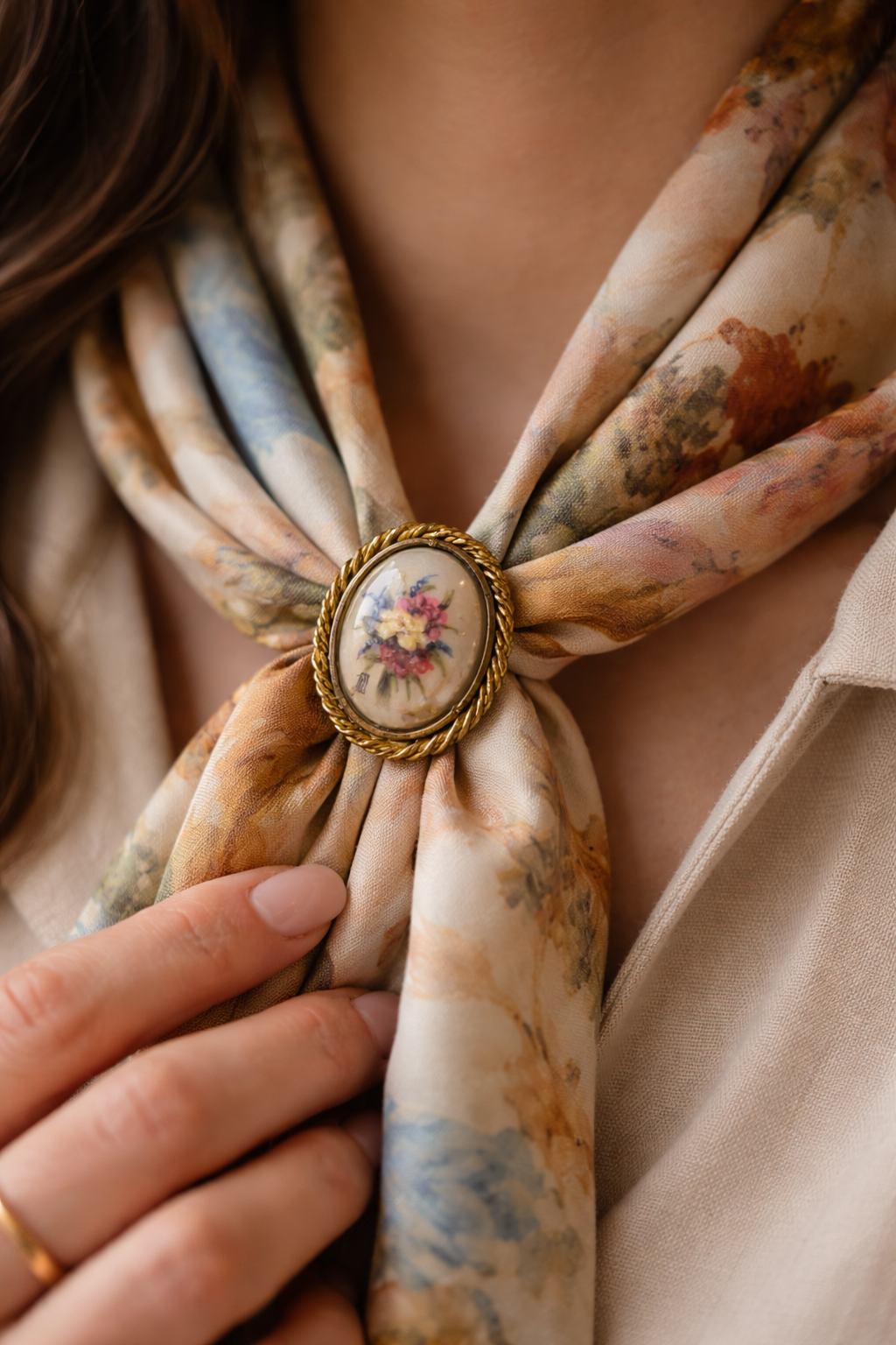 Antico gioiello ferma foulard / spilla con miniatura firmata dietro vetro, primo ‘900