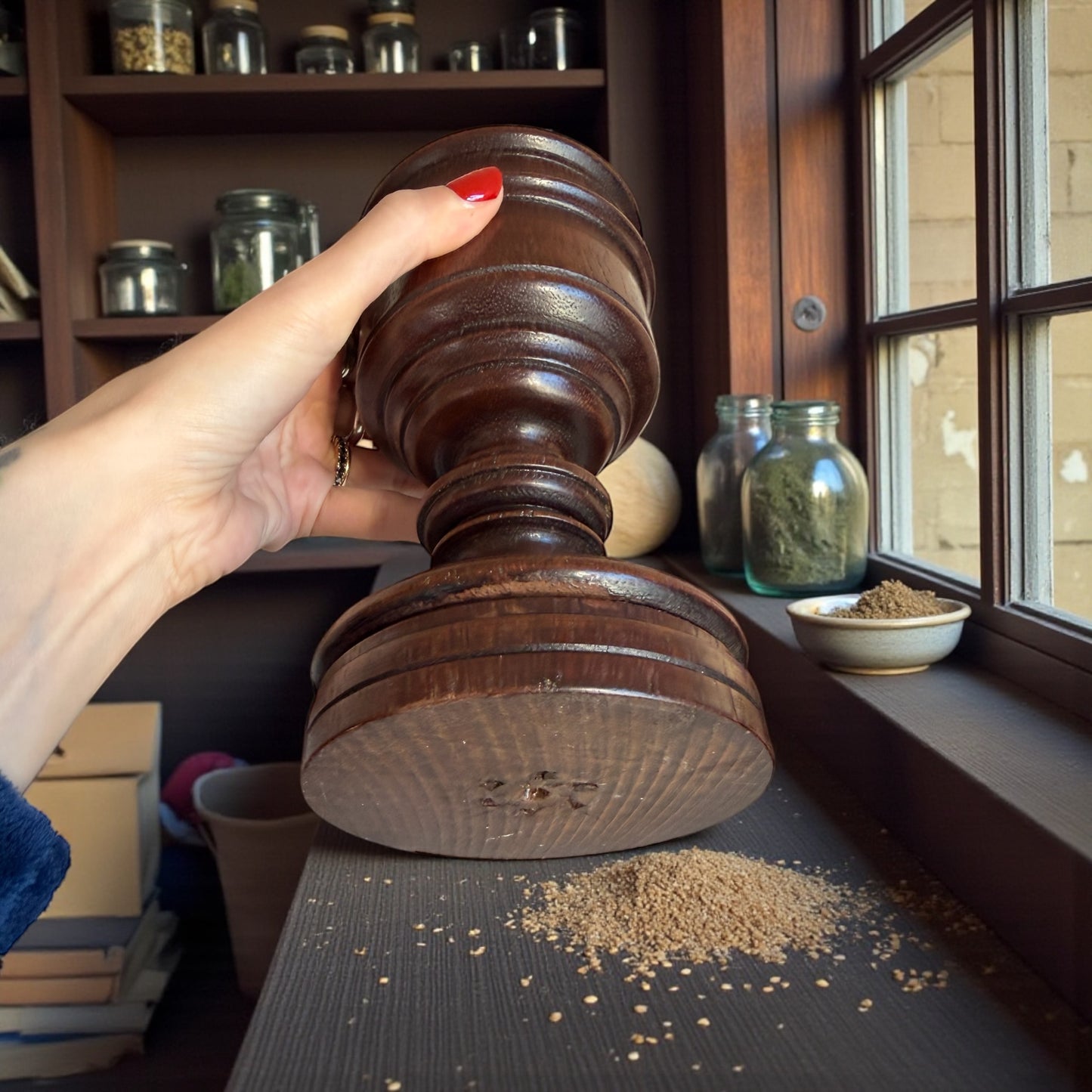 Antica coppia vasi da erboristeria in legno da banco, primo ‘900 per foglie e preparati essiccati