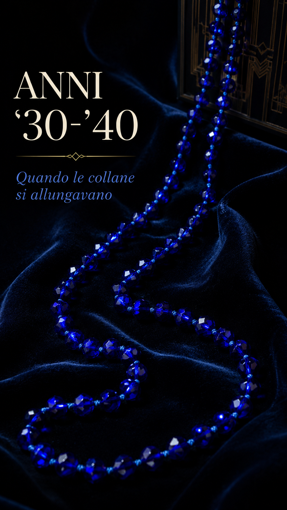 Collana lunga sautoir 120 cm vetro blu elettrico sfaccettato ca anni ‘40