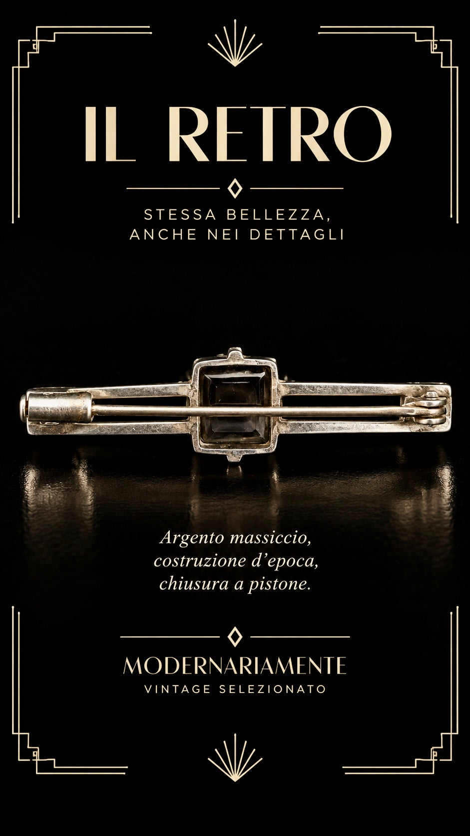 Gioiello art déco spilla in argento punzonato con ematite sfaccettata e marcasiti, anni ‘20-‘30