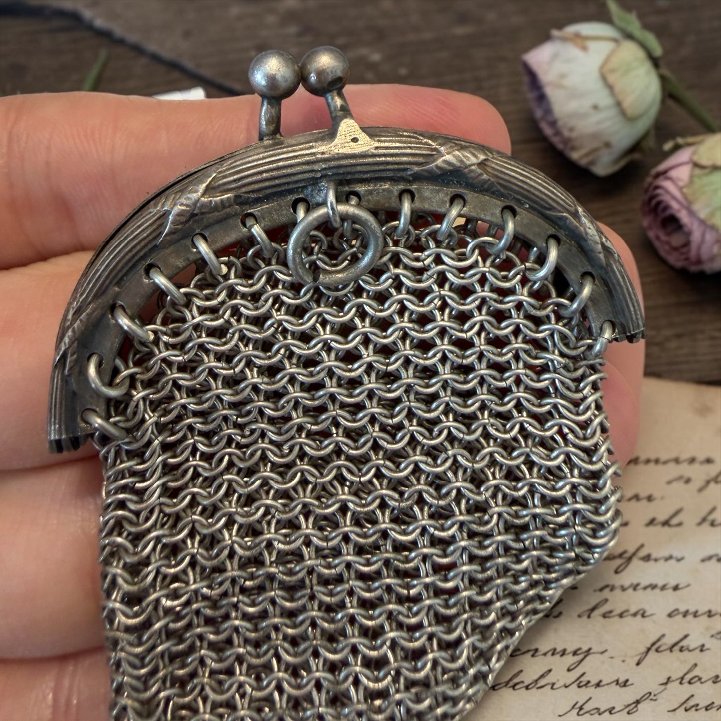 Borsa da châtelaine portamonete argentato antico fine ‘800 primo ‘900