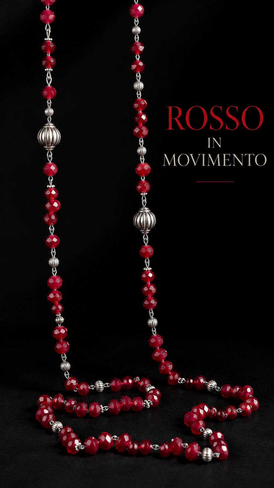 Sautoir lungo 130 cm rosso con elementi argentati, collana portabile a singolo o doppio giro