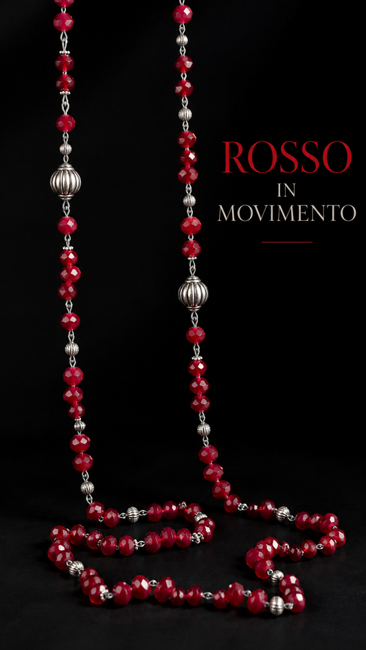 Sautoir lungo 130 cm rosso con elementi argentati, collana portabile a singolo o doppio giro