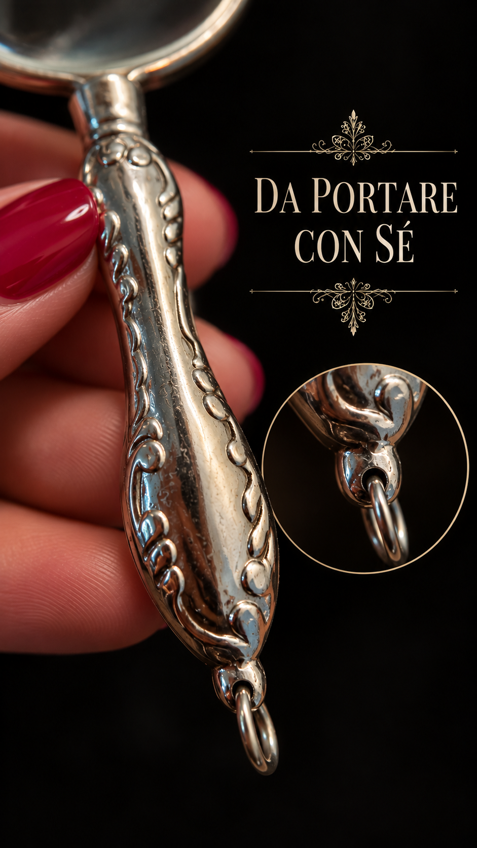 Lente gioiello da châtelaine o collana da ricamo, argentata, anni ‘40-‘50