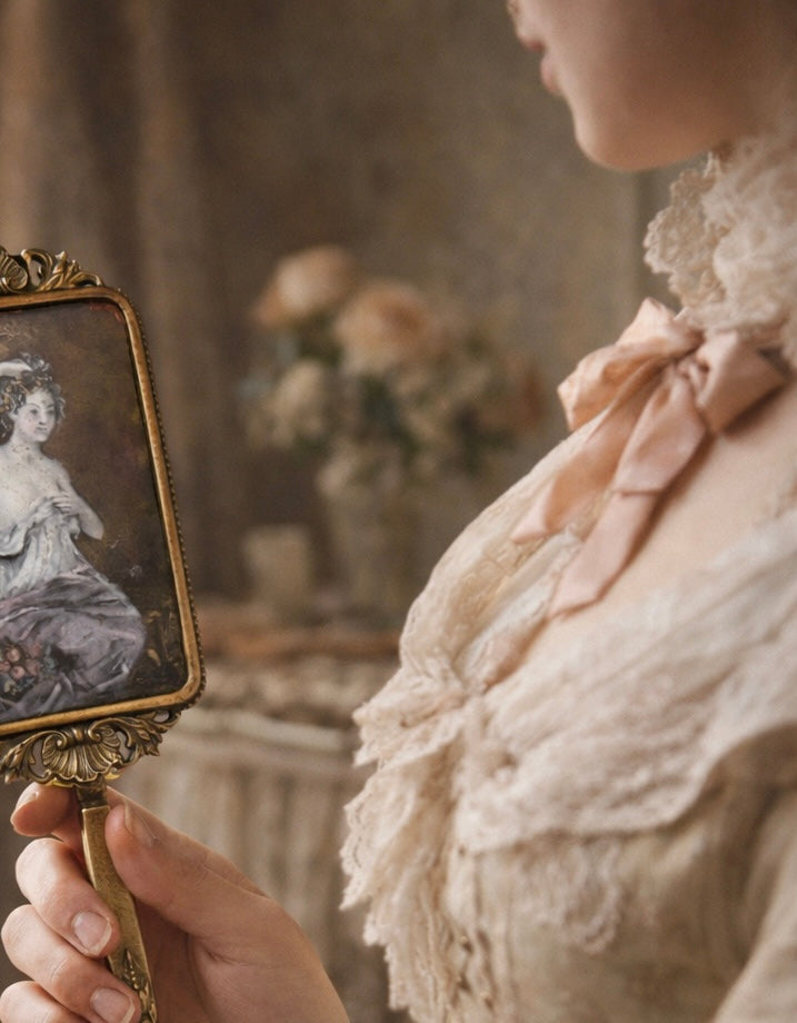 Antico specchio da mano con smalto su rame a tergo, proto liberty ca 1890