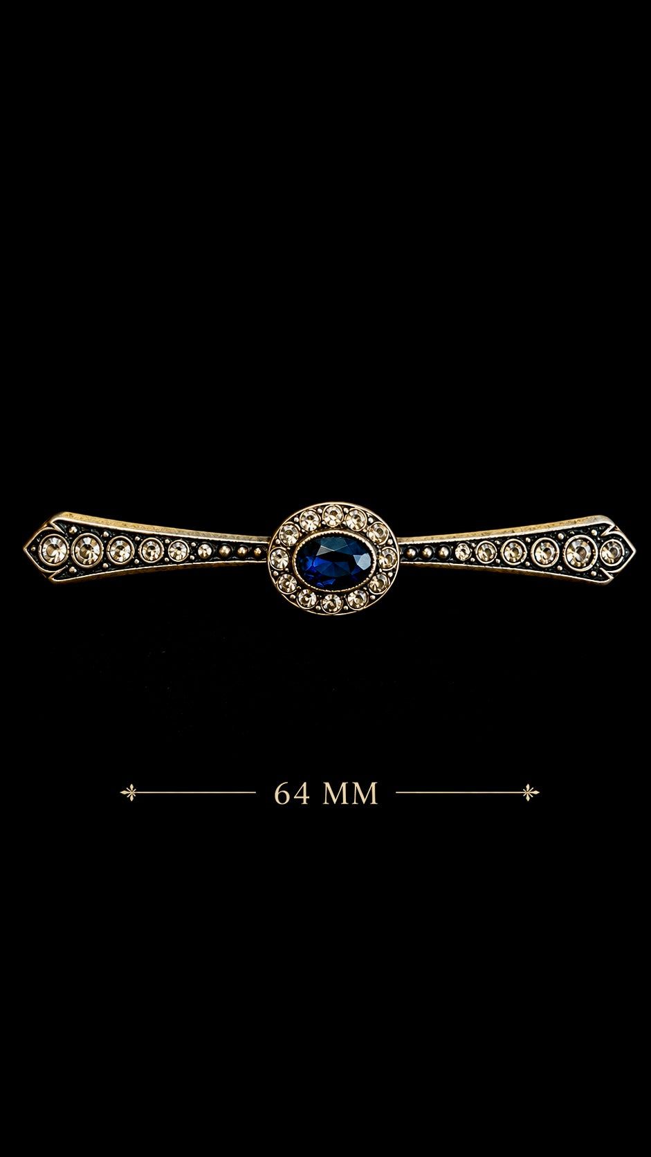 Luminosa parure fine anni ‘40, spilla a barretta e orecchini clip con cristalli e cabochons blu profondo