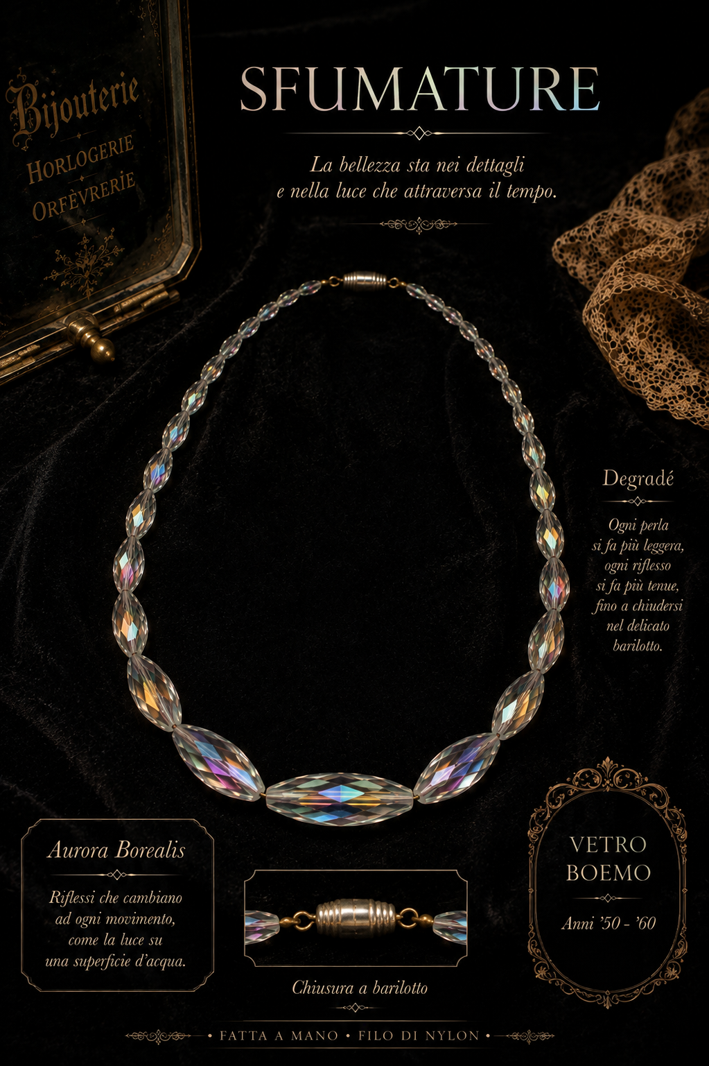 Collana con elementi fusiformi in vetro sfaccettato Aurora Borealis, fine anni ‘50 primi ‘60