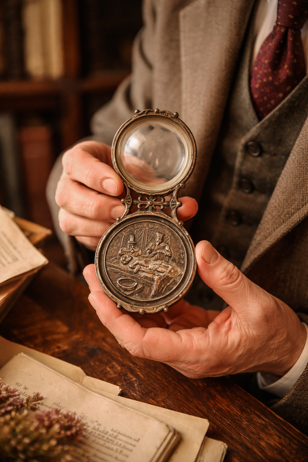 Lente da lettura da scrittoio prima metà ‘900, con scena autopsia settecentesca