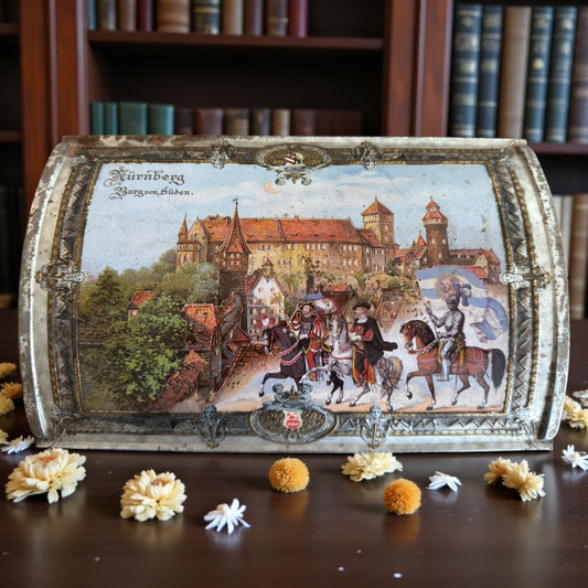 Grande biscottiera scatola di latta tedesca anni 70-80 con scene medievali