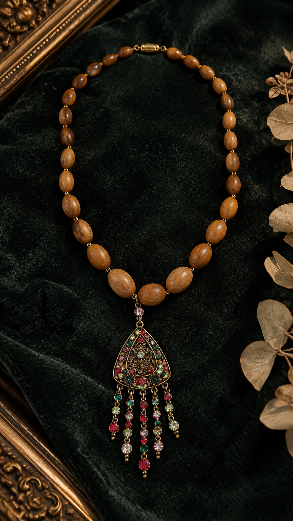 Collana perle di legno degradé anni 60 con pendente luminoso vintage