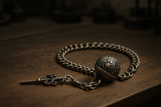 Gioiello maschile, tardo ottocentesco, catena da panciotto con chiave di carica e pendente fob