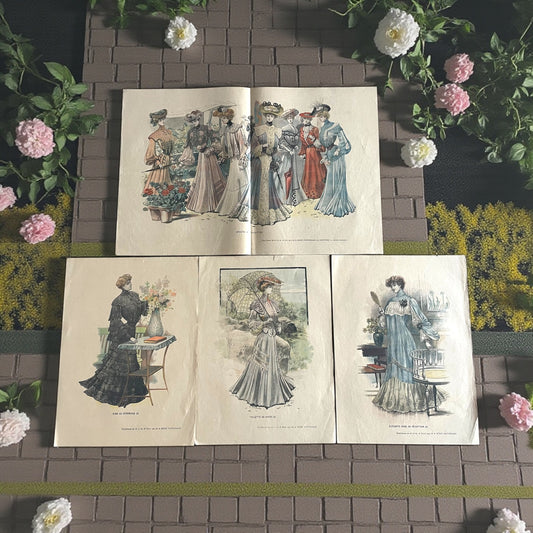 Lotto tavole figurini moda La Mode Nationale, 1903, 3 bozzetti singoli ed uno doppio