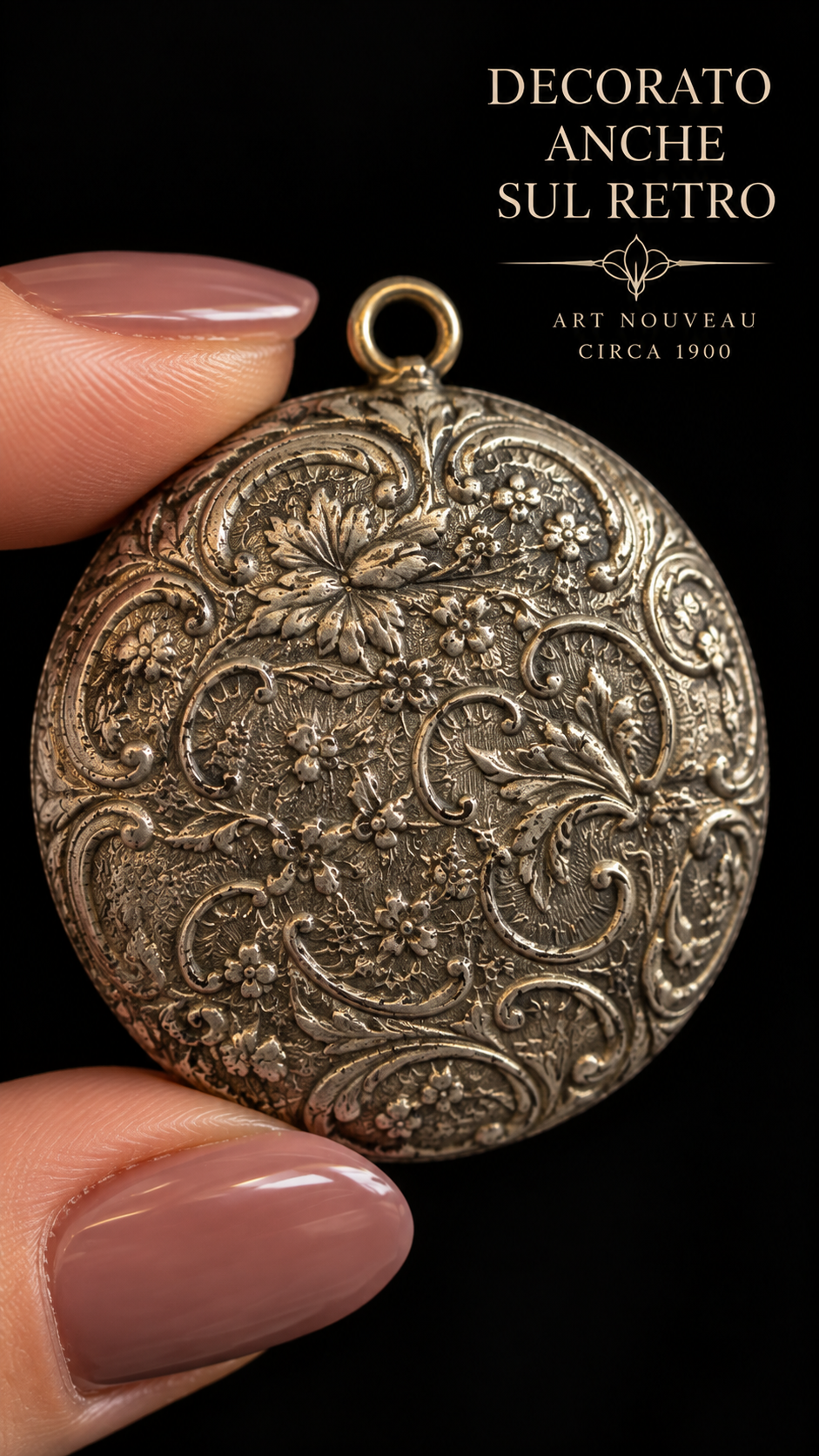 Pendente compact da Châtelaine con specchietto e fève d’epoca porta fortuna
