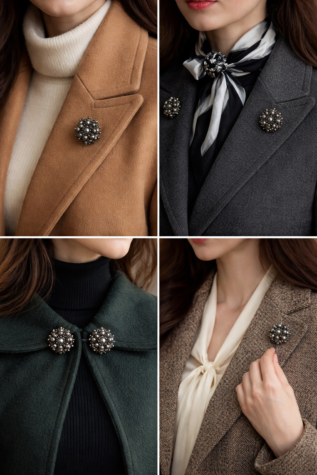 Coppia di gioielli da cappotto a spillo con asta in argento, fine ‘800 - primo ‘900