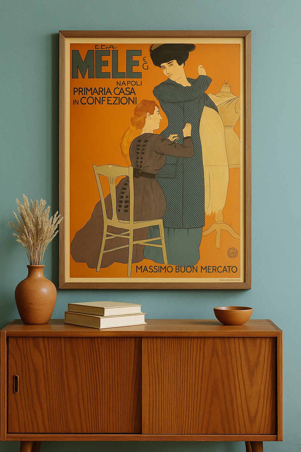 Manifesto pubblicitario liberty Confezioni MELE riedito 1970, 65 x 46 cm.