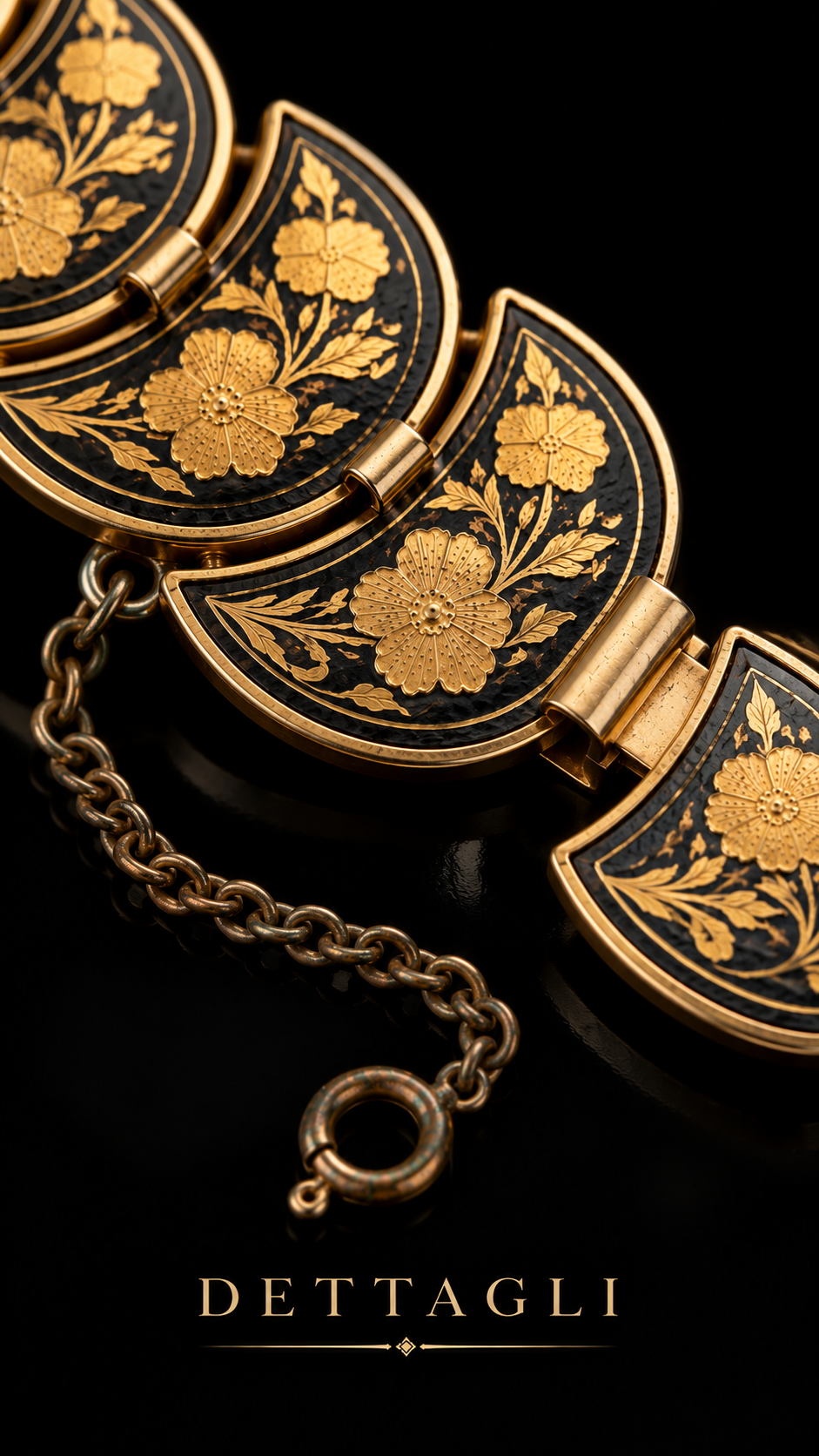 Bracciale damaschinato Oro di Toledo con chiusura a scomparsa e catenella di sicurezza, 60s ca