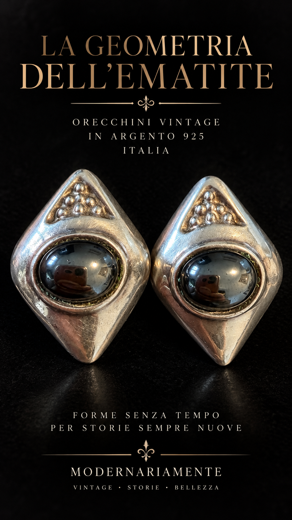 Orecchini design modernista manifattura italiana argento 925 a clip con cabochon ematite