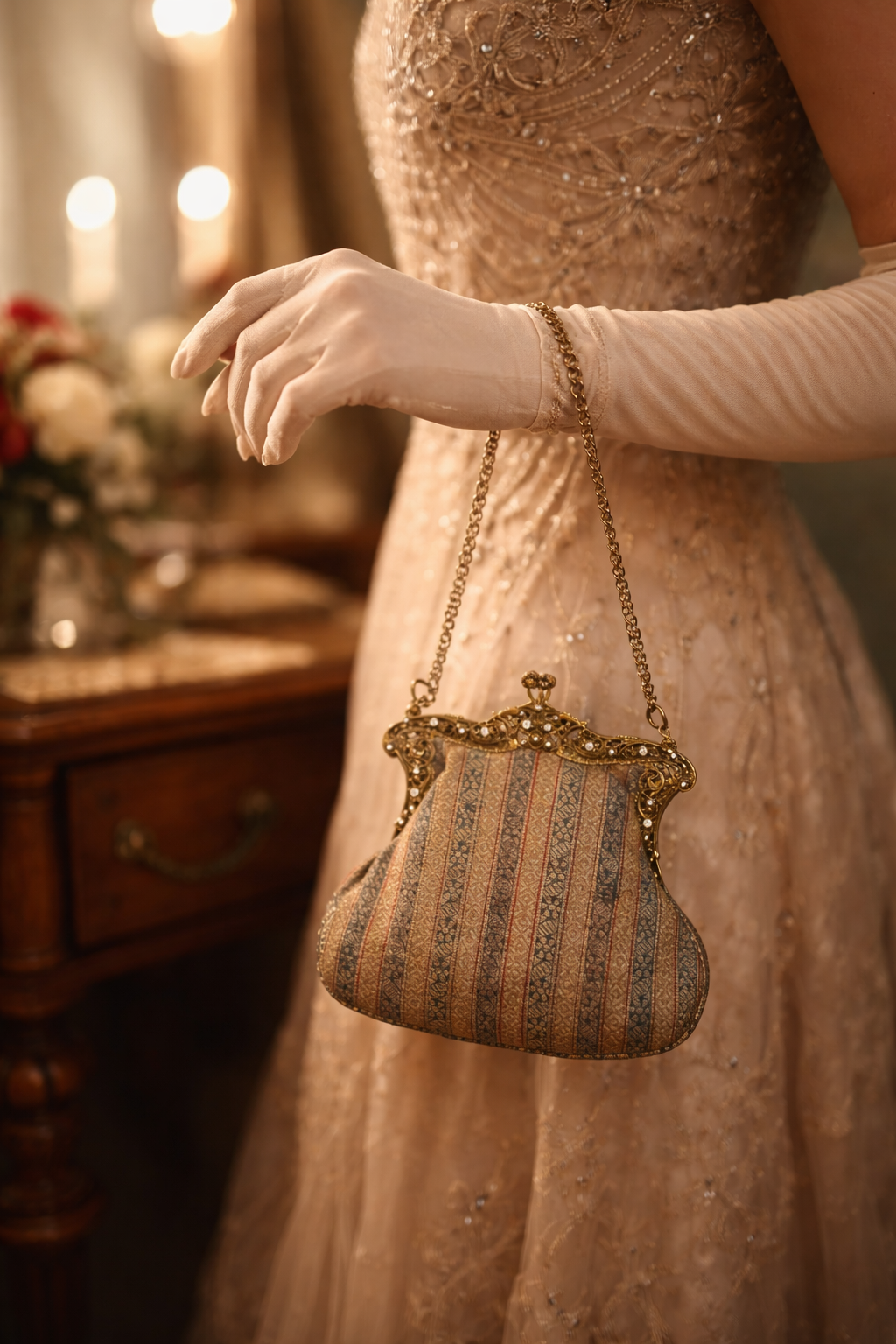 Borsetta gioiello da sera antica, 1900-1915, completa di accessori interni coordinati