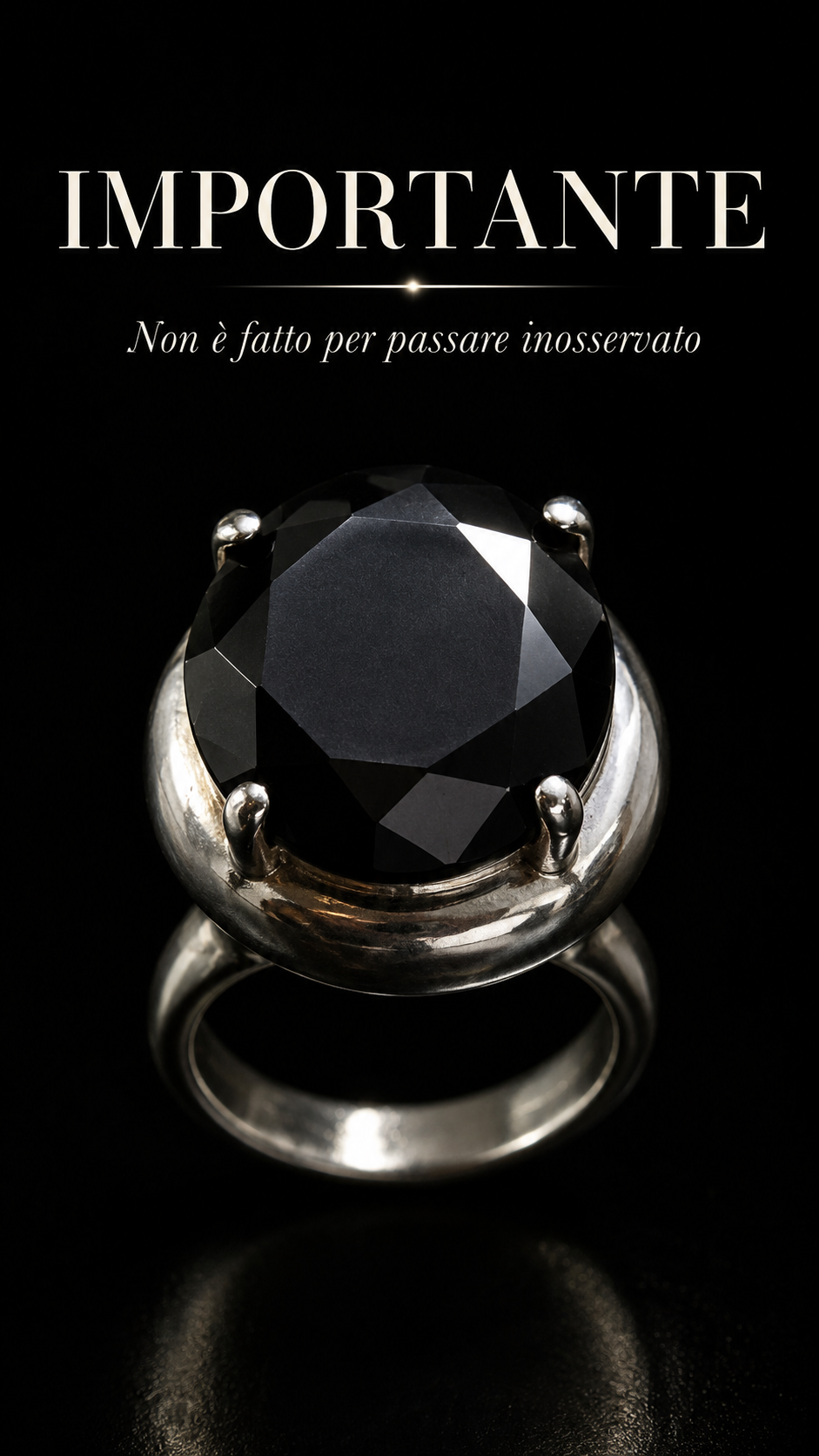 Importante anello con grande solitario cabochon sfaccettato nero, argento 925, punzonato, anni ‘70 ca