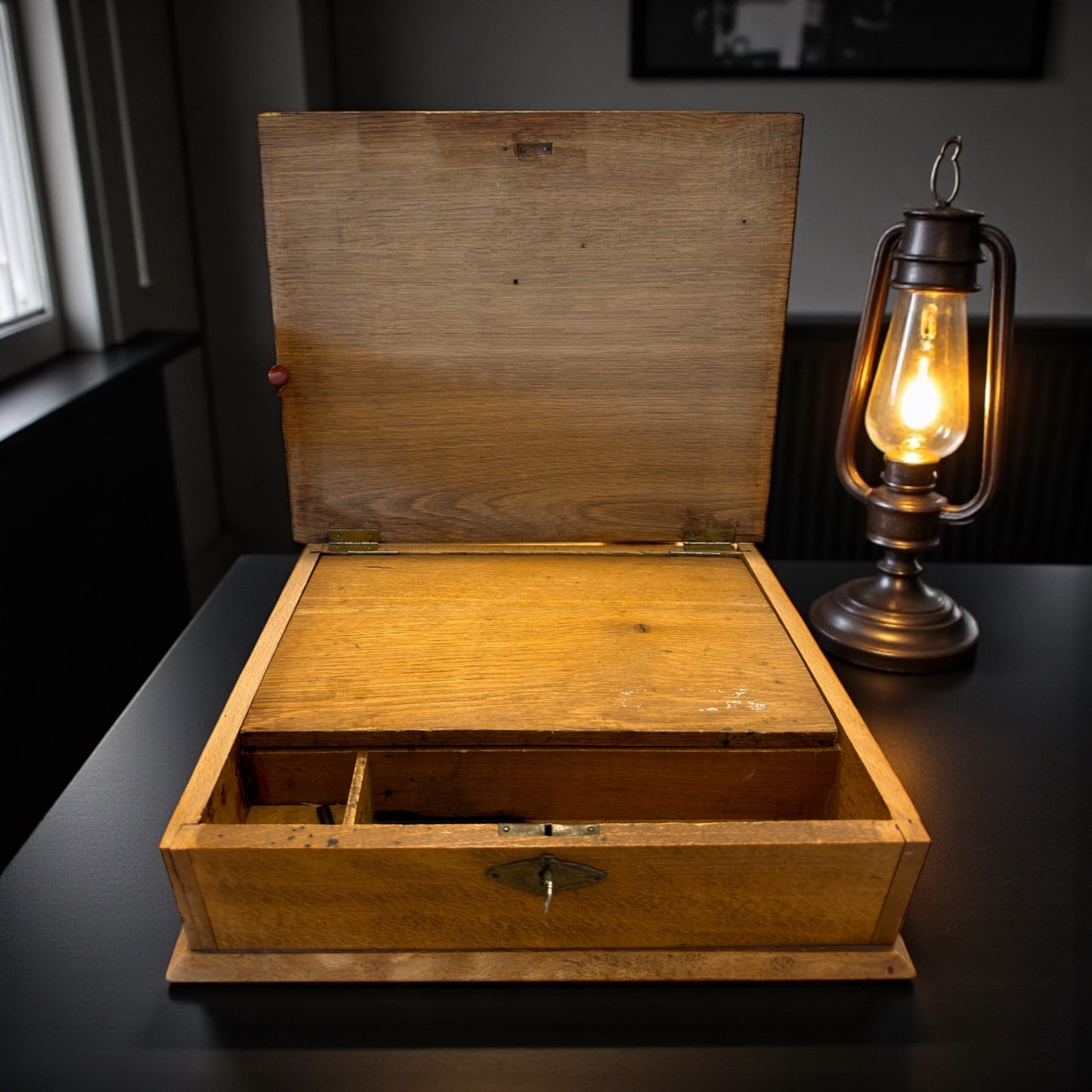 Antica scatola da scrittura, Belgio anni ‘30, con chiave funzionante e scomparto ribaltabile