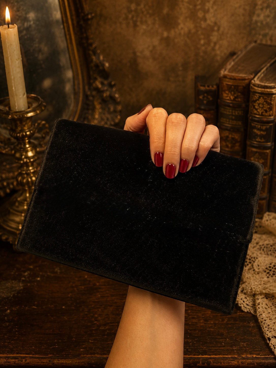 Pochette in velluto e raso nero con pavone policromo in canutiglia, 50s-60s