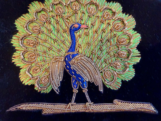 Pochette in velluto e raso nero con pavone policromo in canutiglia, 50s-60s
