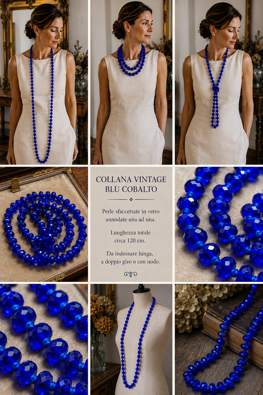 Collana vintage 70s 120 cm perle di vetro sfaccettato blu elettrico