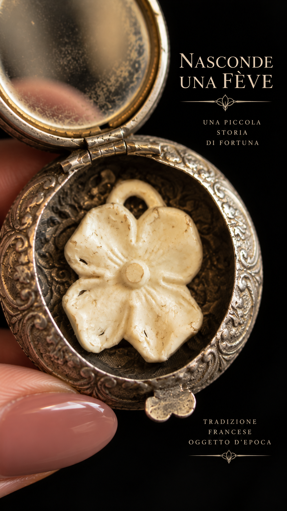 Pendente compact da Châtelaine con specchietto e fève d’epoca porta fortuna