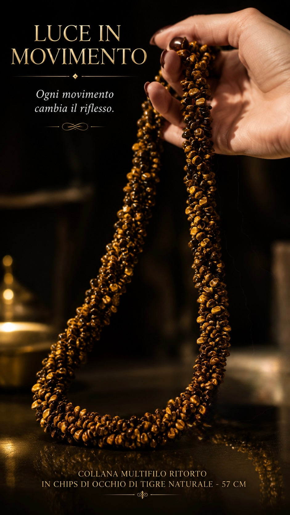 Collana contemporanea torchon scenografico di chips di occhio di tigre